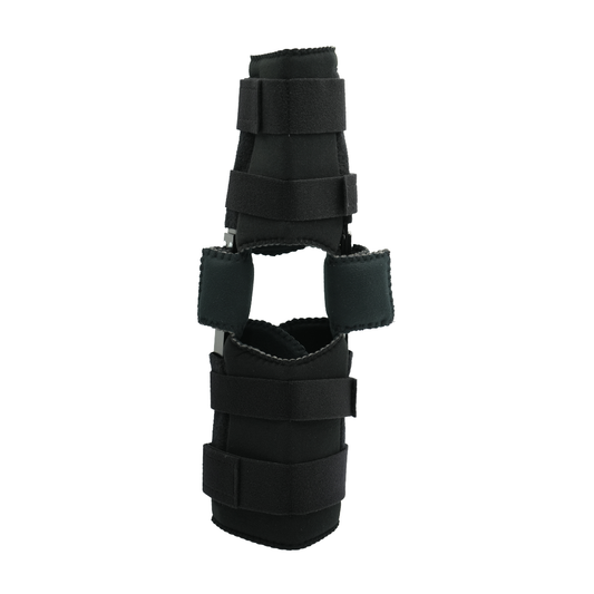Black flexible knee brace with adjustable straps and padded support blocks, designed for optimal joint comfort, made in the.