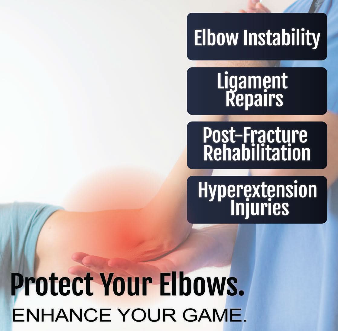 Flex Pop Elbow brace on arm with highlighted red elbow area, text listing uses like ligament repairs, made in the USA, rcai, .