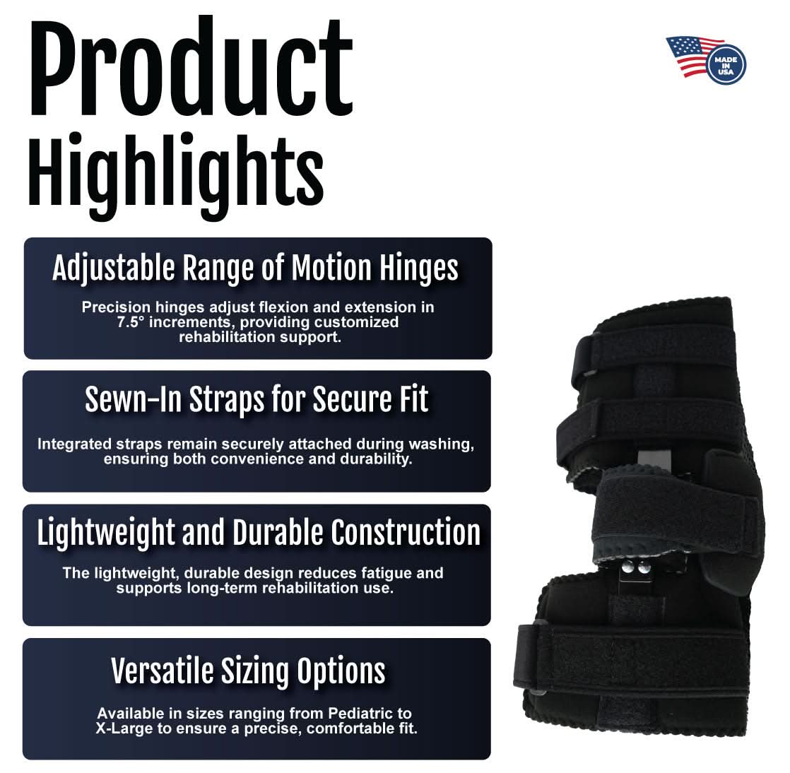 Black Flex Pop Elbow brace with adjustable hinges, sewn-in straps, lightweight design, labeled made in the USA, ideal for.