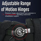 Close-up of Flex Pop Elbow brace hinge with adjustable range of motion, black fabric strap, silver precision hinge,.