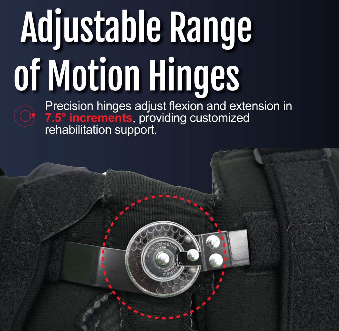 Close-up of Flex Pop Elbow brace hinge with adjustable range of motion, black fabric strap, silver precision hinge,.