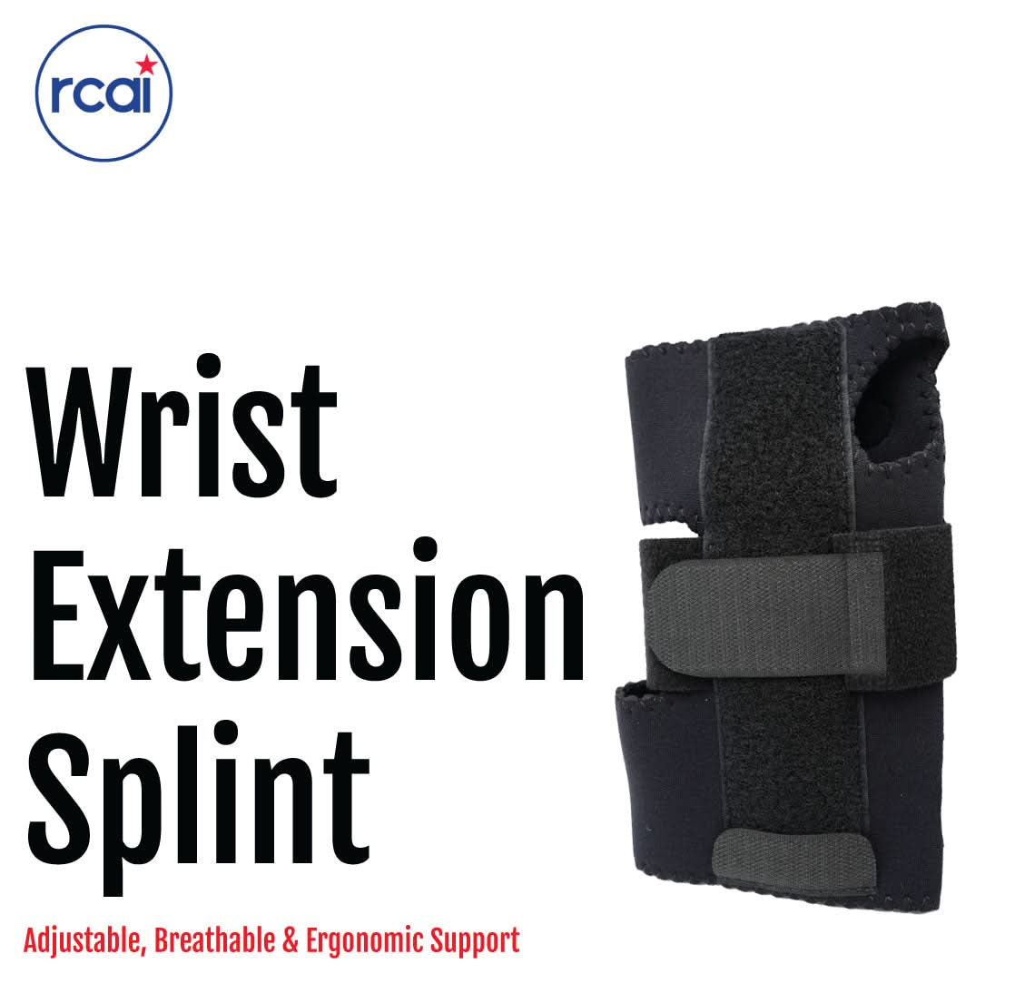 Black adjustable wrist extension splint with breathable fabric, ergonomic design, made in the USA, RCAI, best orthopedic.