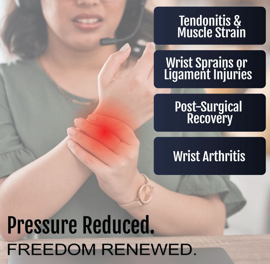 Adjustable beige RCAI wrist extension splint on left wrist, breathable ergonomic support for arthritis and injury, made in.