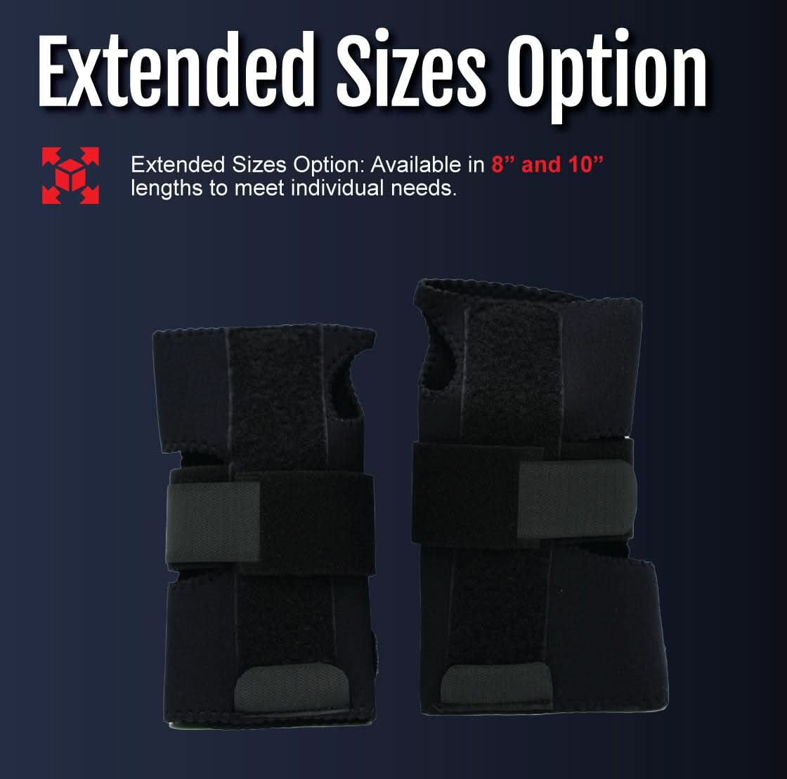 Pair of black RCAI wrist extension splints with adjustable straps and breathable ergonomic design, featuring extended sizes.