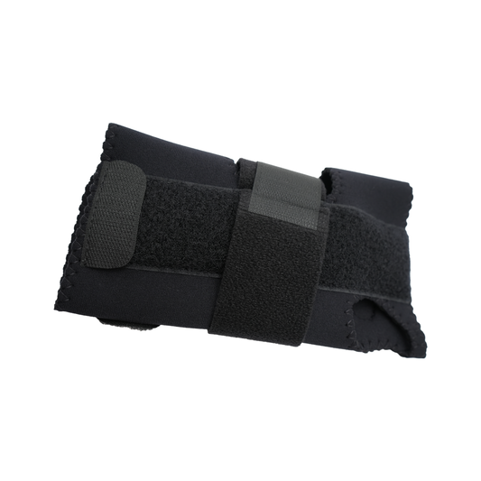 Black RCAI wrist extension splint with adjustable Velcro straps, ergonomic breathable design, made in the USA, best.
