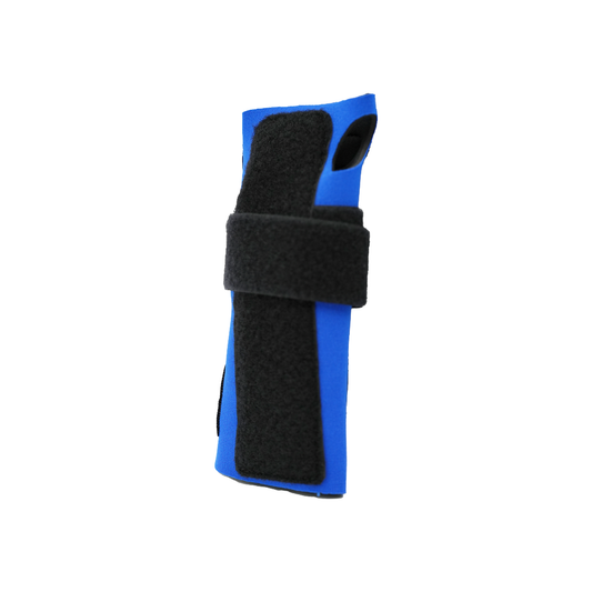 Blue wrist extension splint with black adjustable straps, breathable fabric, made in the USA, RCAI, B2B orthopedics.