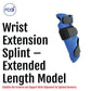 Blue wrist extension splint with adjustable black straps, contoured for extended forearm support, made in the USA, RCAI,.