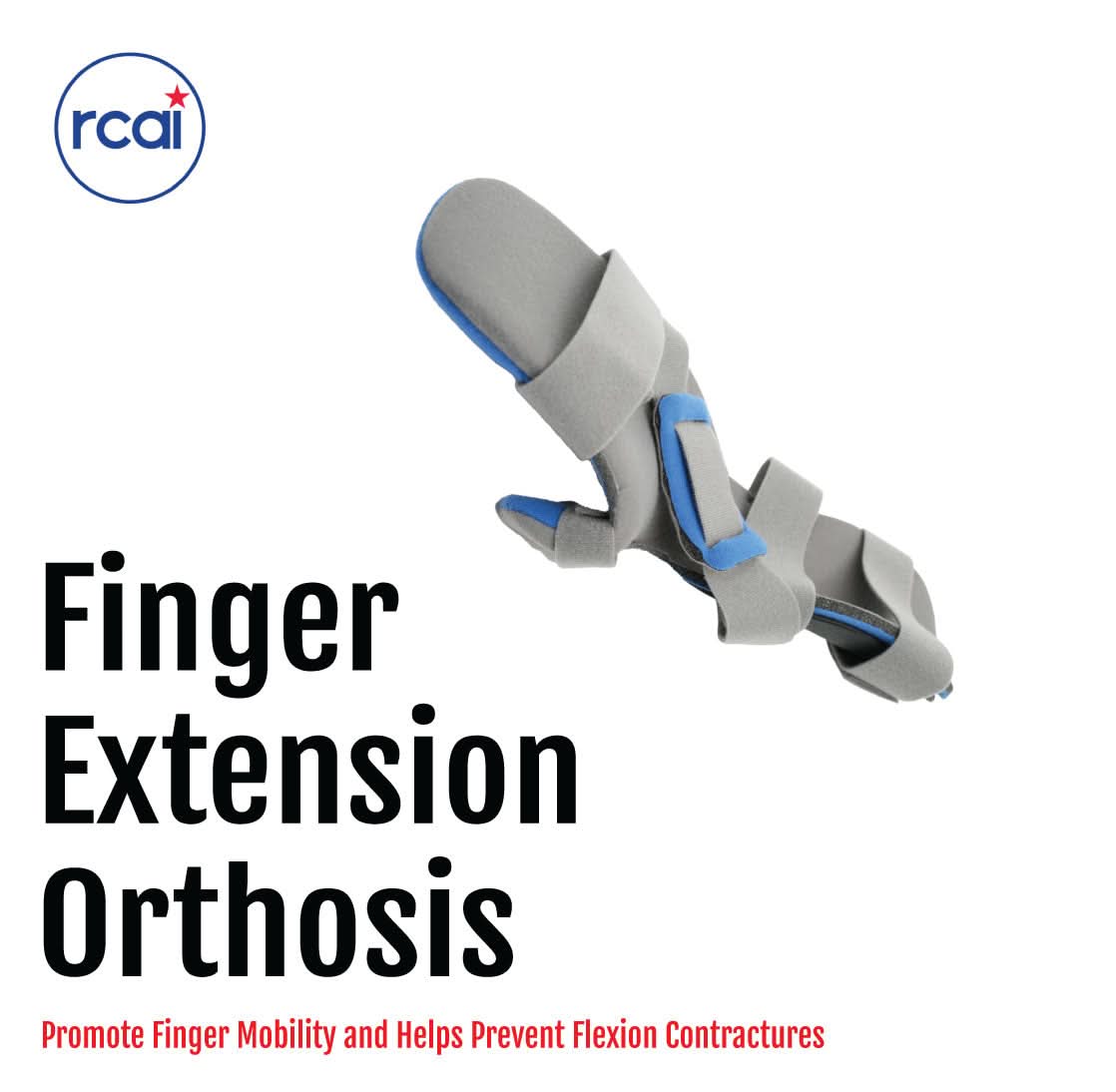 Gray and blue finger extension orthosis with adjustable straps, made in the USA by RCAI, best orthopedic brace for finger.