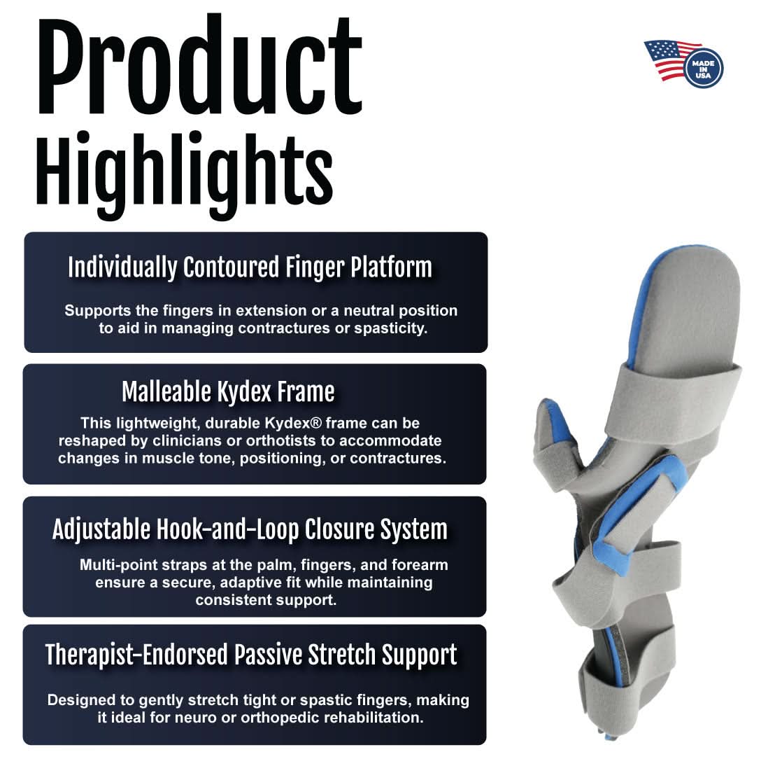 Gray and blue finger extension orthosis with adjustable hook-and-loop closures, malleable yoke frame, and padded finger.