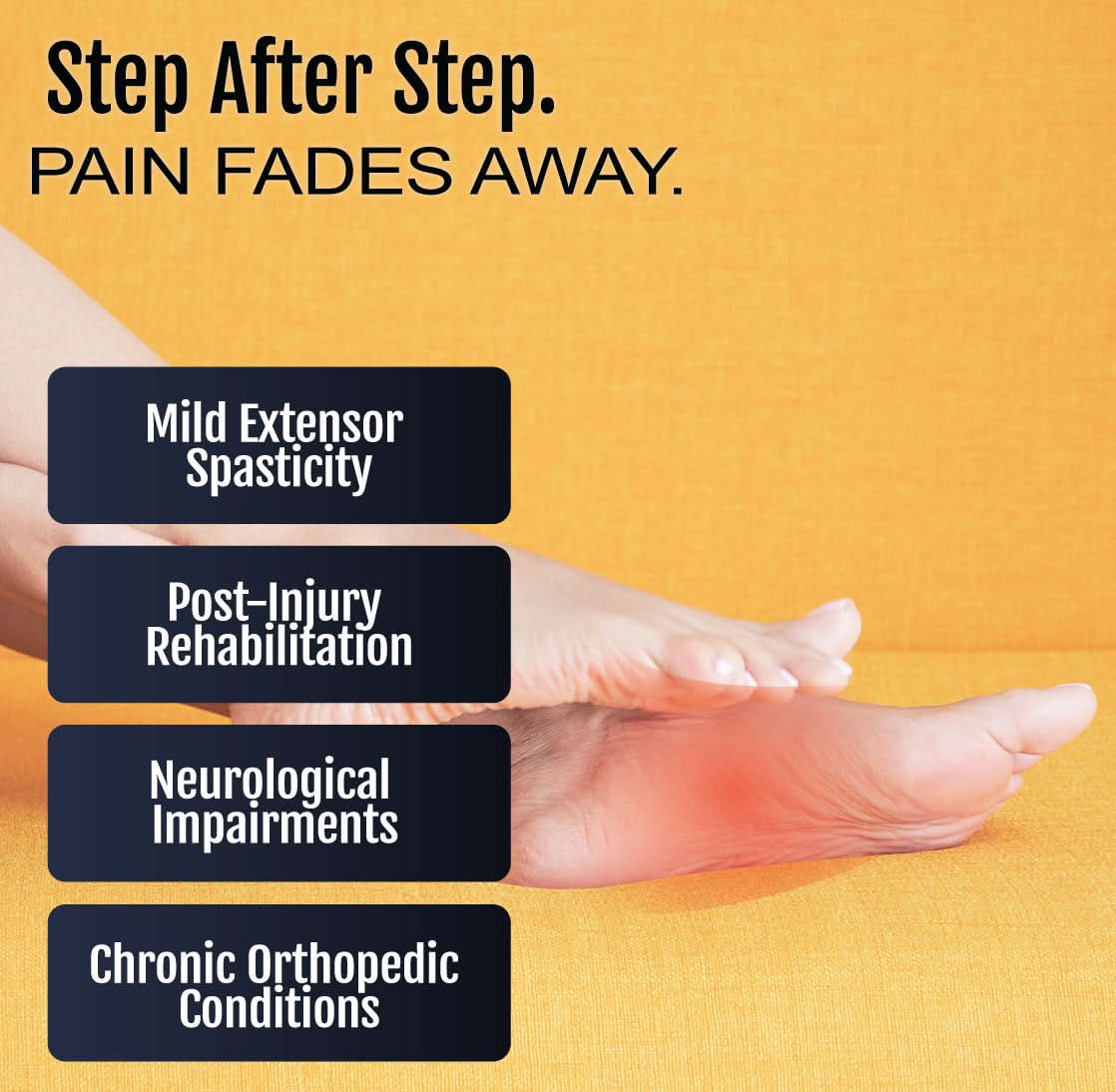 Human foot viewed from the side with soft light highlighting heel and toes on a yellow background with text describing mild.