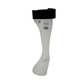 White rigid ankle foot orthosis brace with black padded strap at the top, featuring the blue RCAI logo, made in the USA,.