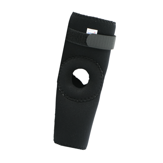 Black RCAI elbow sleeve with open patella design, adjustable hook-and-loop strap, made in the USA, best orthopedic braces.