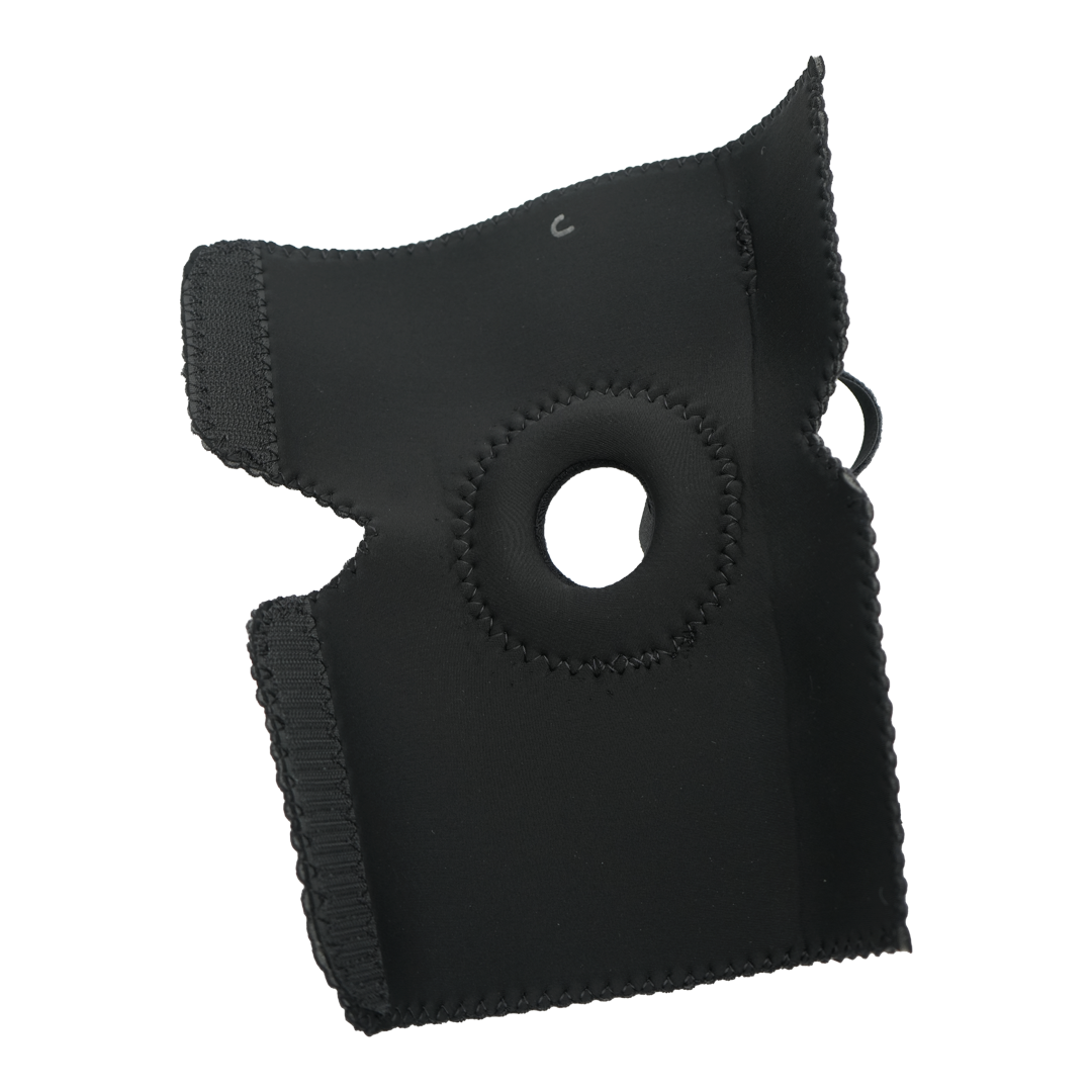 Black RCAI elbow sleeve with a circular open patella design, reinforced stitching, and side strap, made in the USA, best.