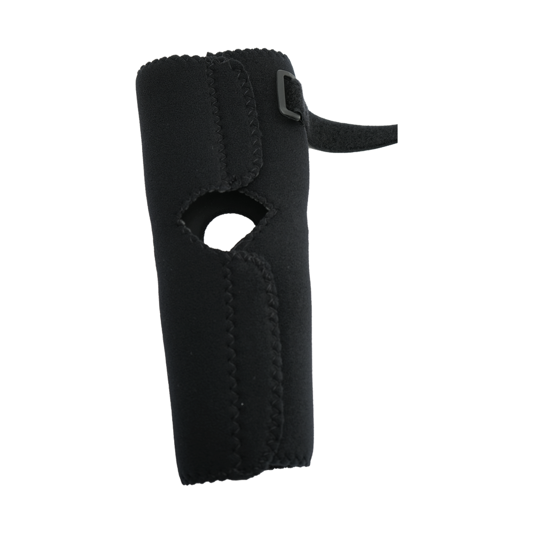 Black RCAI elbow sleeve with adjustable strap and open elbow design, made in the USA, best orthopedic braces for b2b.