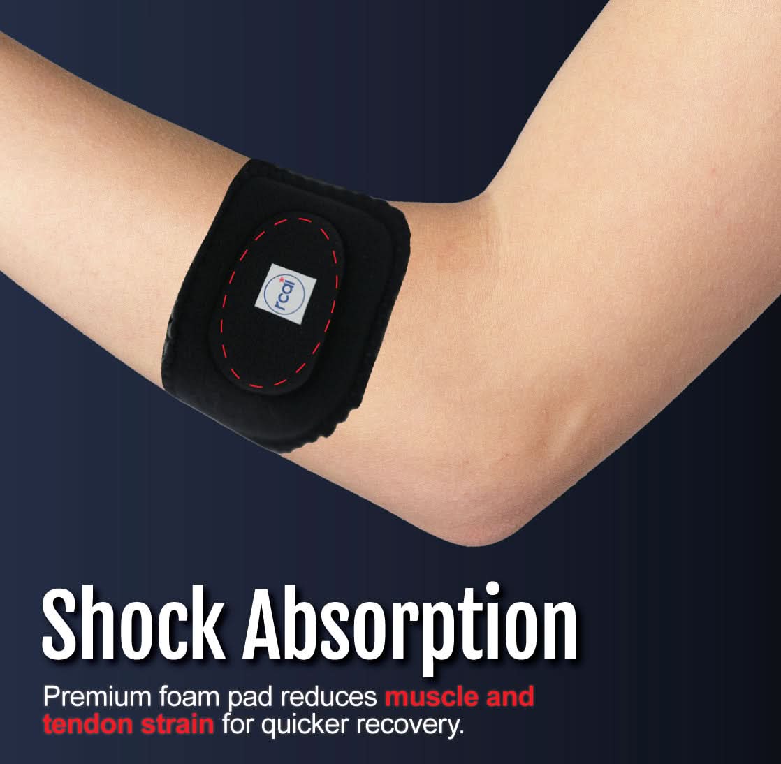 Black RCAI tennis elbow brace with premium foam pad on inner elbow, made in the USA, designed for muscle and tendon.
