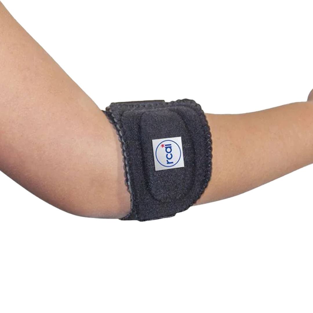 Black RCAI tennis elbow brace with adjustable Velcro strap, worn on arm, made in the USA, best orthopedic braces from B2B.