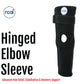 Black hinged elbow sleeve with a circular cutout at the elbow joint, adjustable Velcro strap at the top, RCAI logo patch.