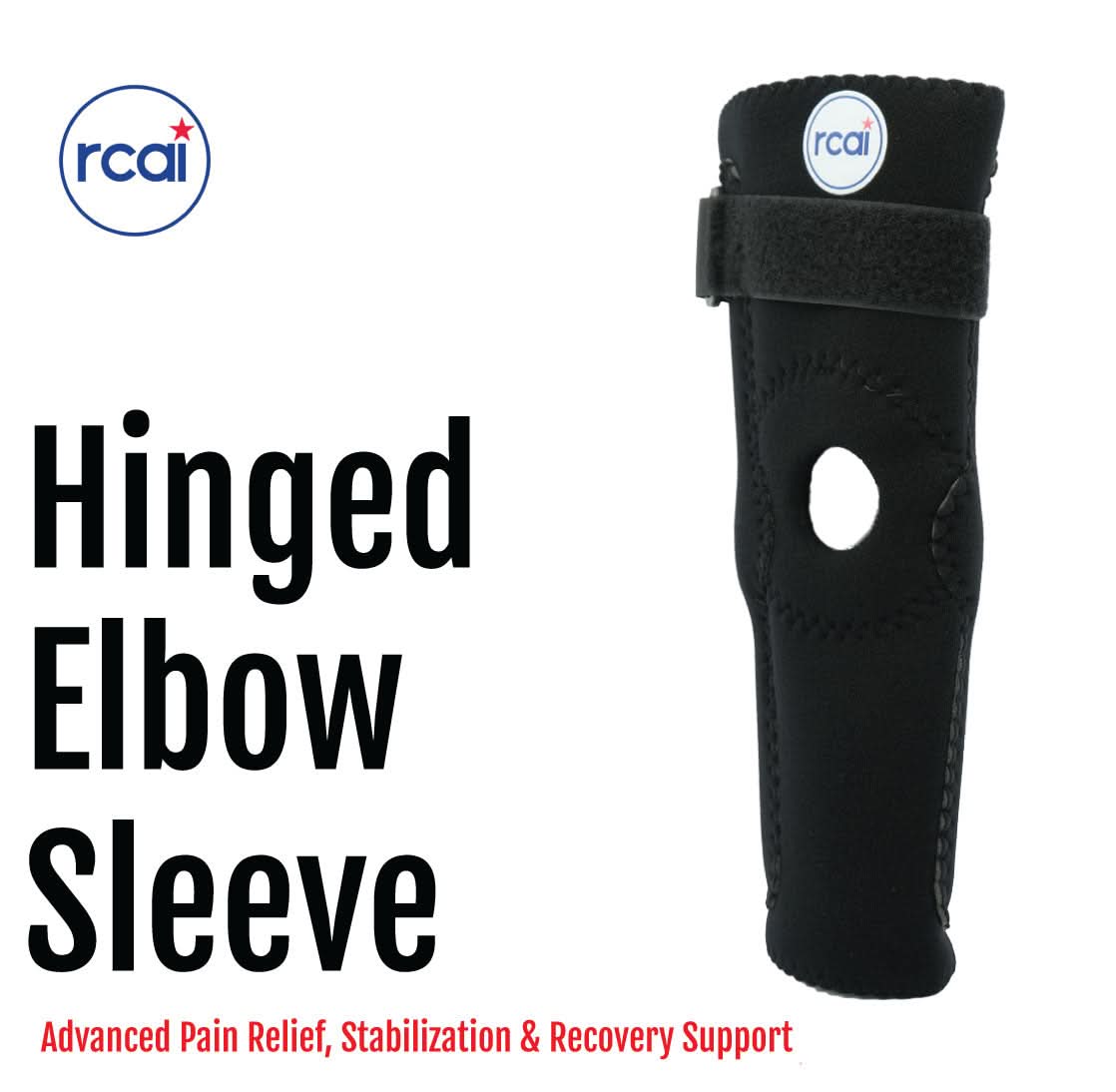 Black hinged elbow sleeve with a circular cutout at the elbow joint, adjustable Velcro strap at the top, RCAI logo patch.