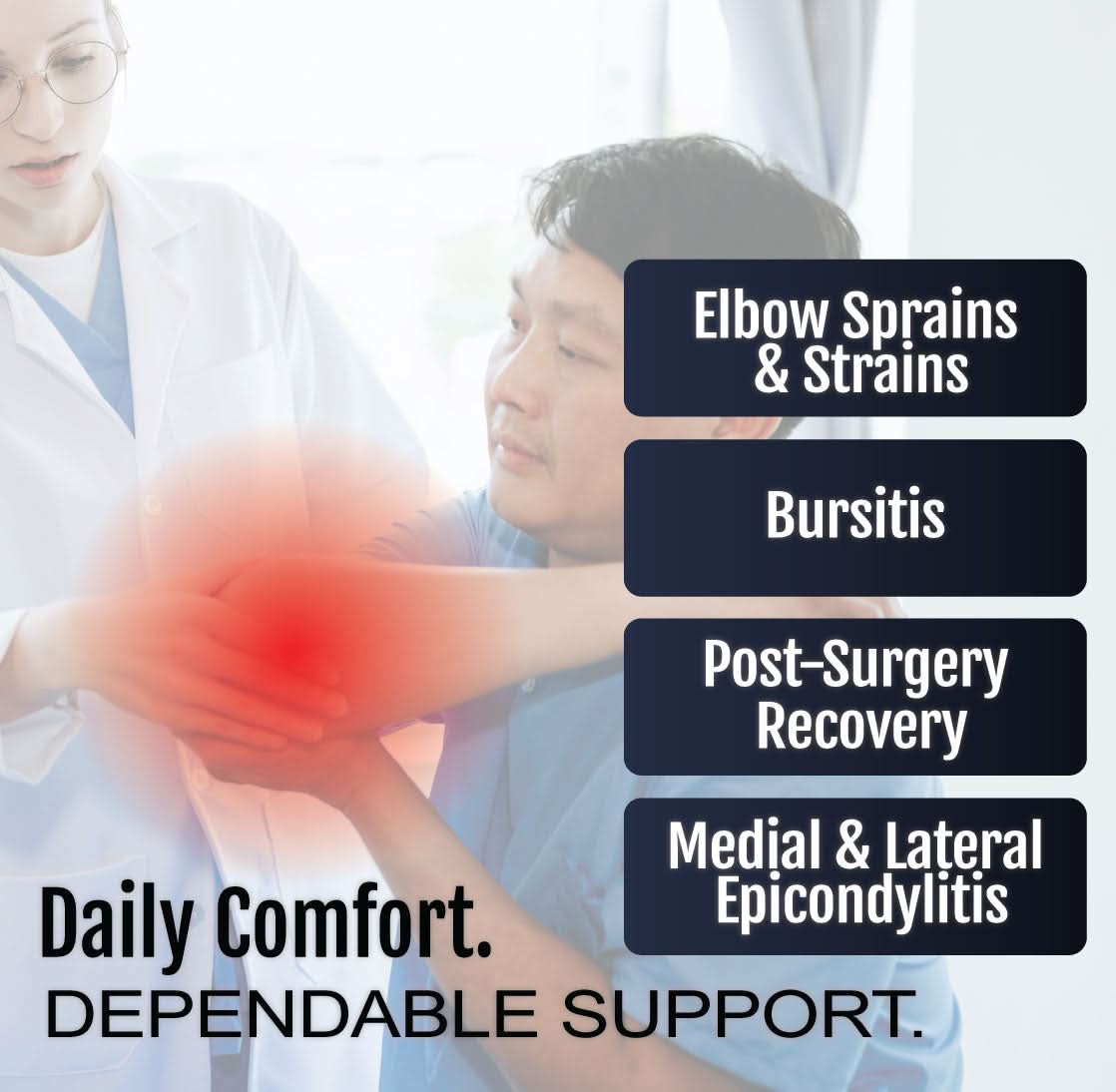 RCAI hinged elbow sleeve in black neoprene on man’s arm, highlighting pain relief for sprains, bursitis, post-surgery, and.