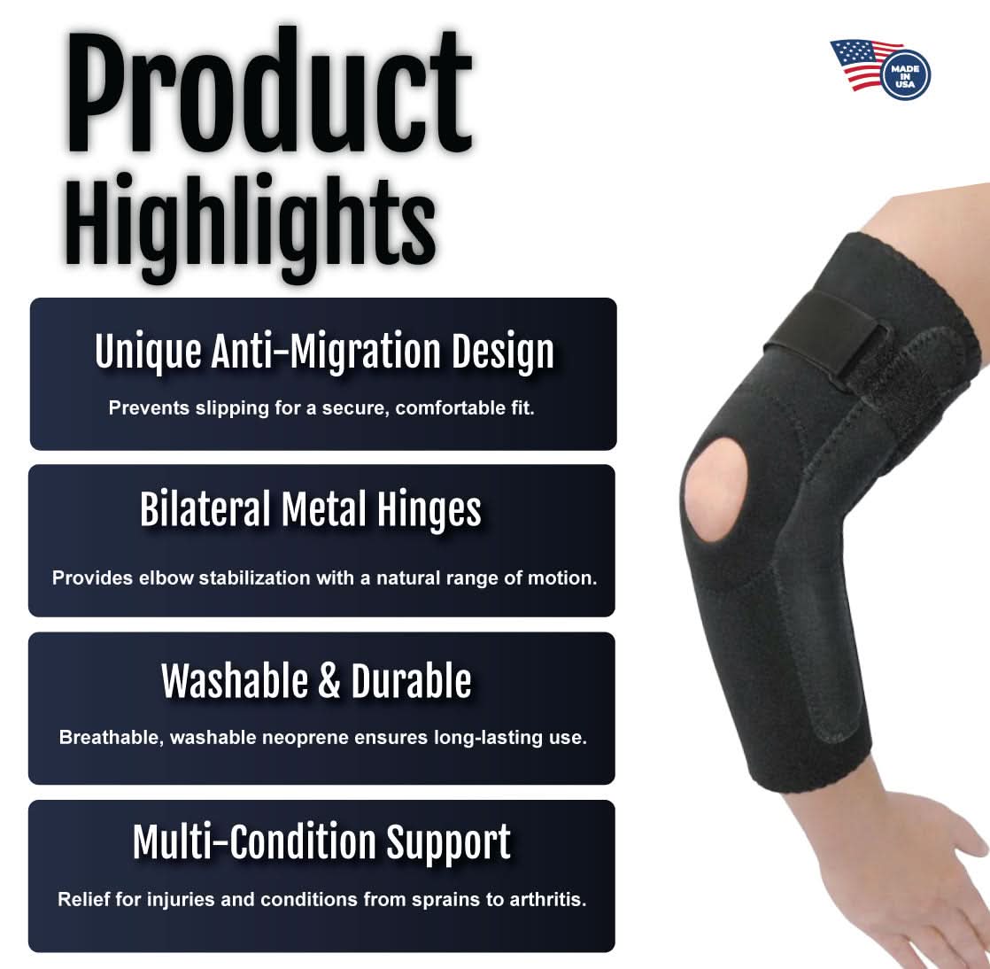 Black RCAI hinged elbow sleeve on arm, featuring bilateral metal hinges, adjustable straps, made in the USA, best orthotic.