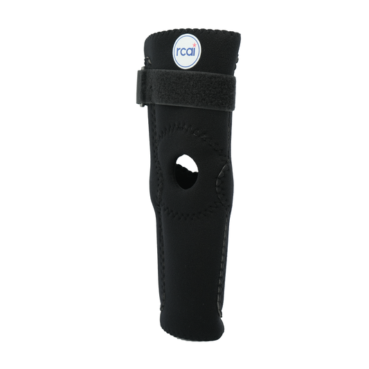 Black RCAI hinged elbow sleeve with adjustable Velcro strap and open elbow design, made in the USA, best orthopedic braces.