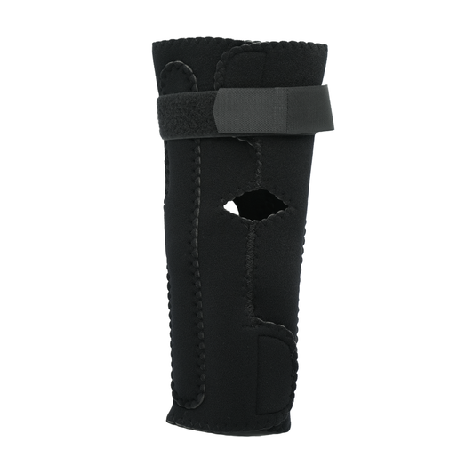 Black RCAI hinged elbow sleeve with adjustable Velcro strap, breathable fabric, open elbow design for advanced pain relief.