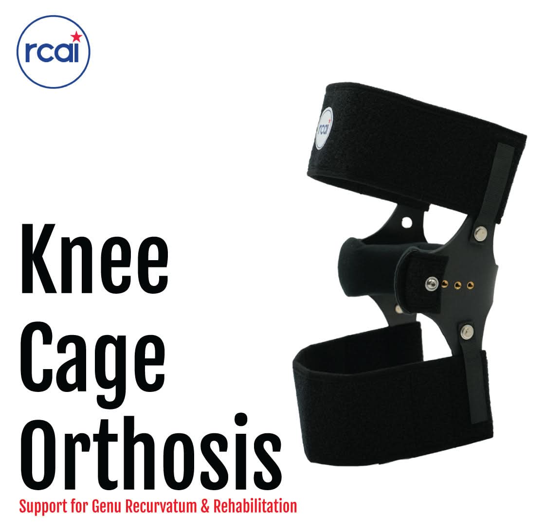 Black RCAI Knee Cage Orthosis with adjustable padded straps and metal hinge, made in the USA, best orthopedic braces for b2b .