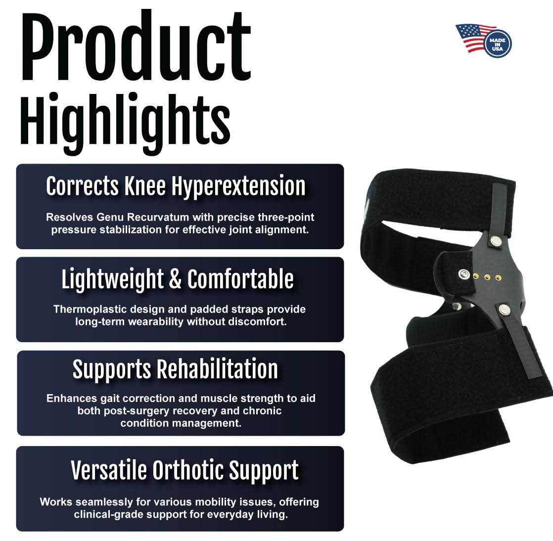 RCAI Knee Cage Orthosis in black with adjustable straps and metal hinges, made in the USA, designed for support and rehab,.