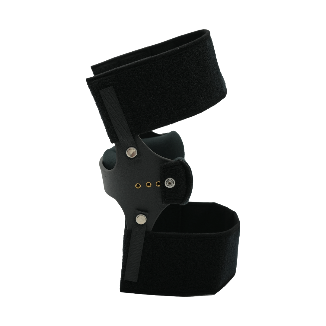 Black RCAI knee cage orthosis with adjustable velcro straps, hinged metal frame, and padded support, made in the USA; top.