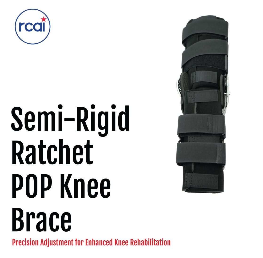 Black semi-rigid ratchet POP knee brace with multiple adjustable straps, made in the USA, RCAI, best orthopedic braces for.