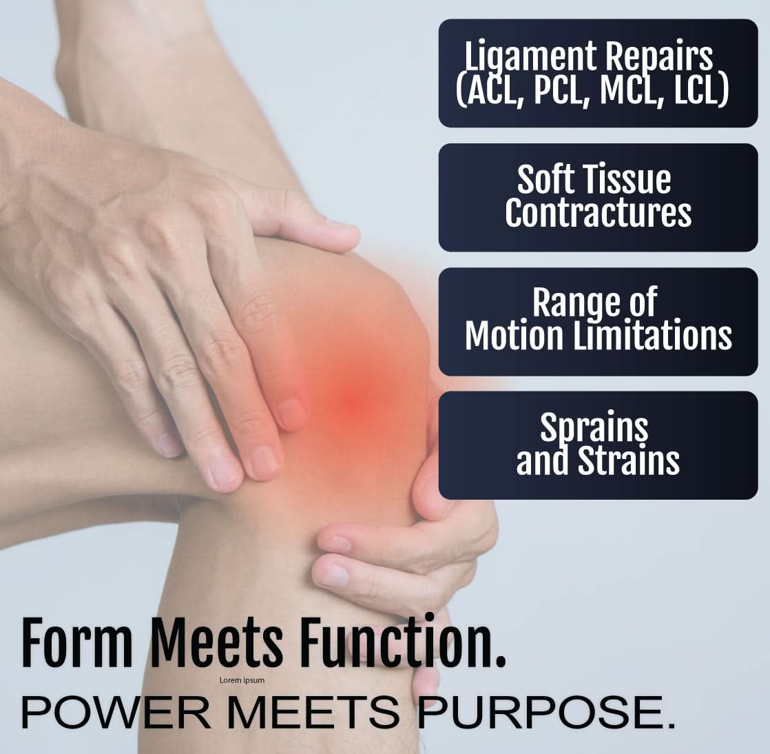 Semi-rigid ratchet POP knee brace on a bent leg with hand touching knee, promoting support for ligament repairs, soft tissue .