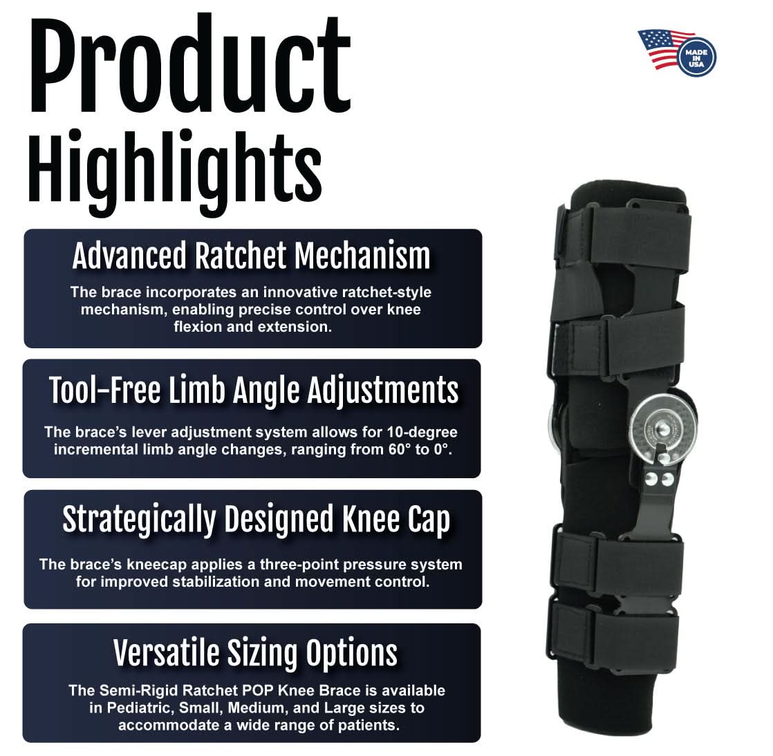 Black semi-rigid ratchet POP knee brace with adjustable straps and padded knee cap, made in the USA, branded with RCAI for.