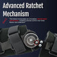 Close-up of a black semi-rigid POP knee brace showcasing an advanced ratchet-style mechanism for precise knee control,.