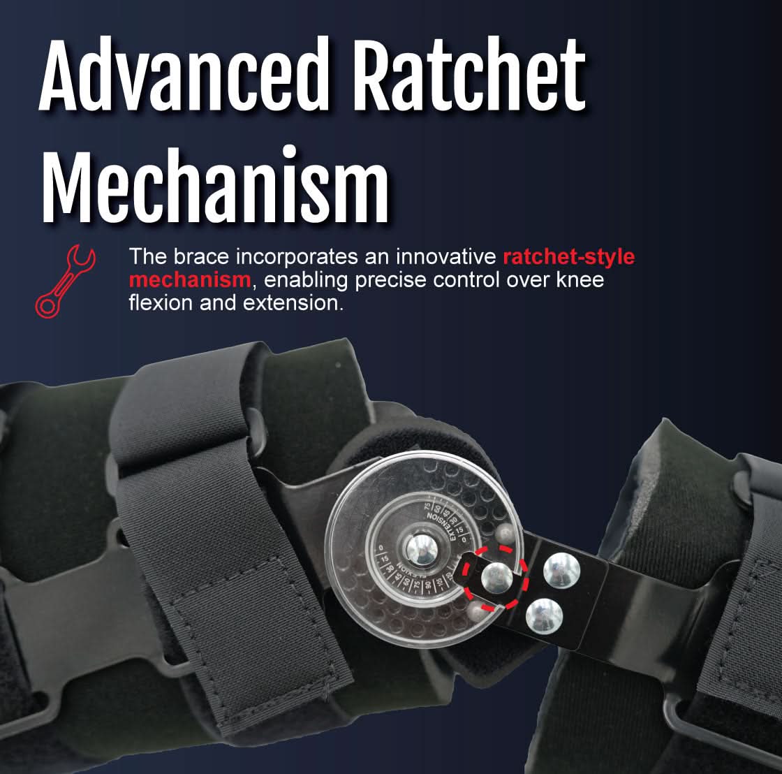 Close-up of a black semi-rigid POP knee brace showcasing an advanced ratchet-style mechanism for precise knee control,.