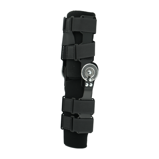 Black semi-rigid knee brace with padded straps and metallic ratchet hinge, made in the USA, best orthopedic brace by RCAI.