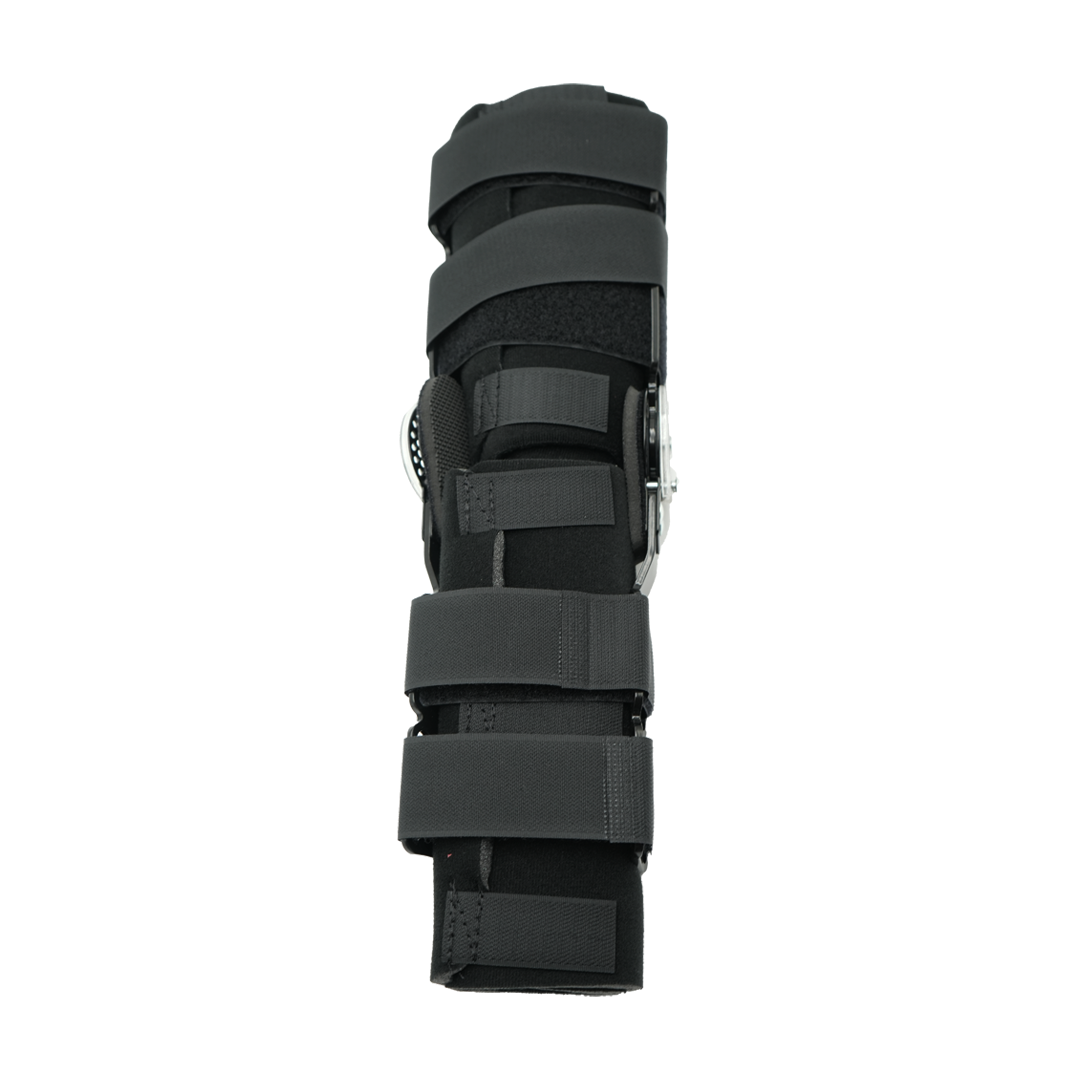 Black semi-rigid ratchet POP knee brace with five adjustable straps and buckle closures, made in the USA, featuring durable.