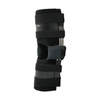 Black adjustable ratchet post-operative knee brace with padded straps and metal hinge, lightweight support, made in the USA, .