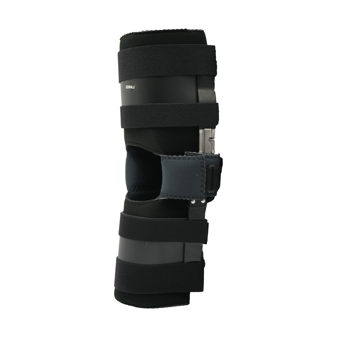 Black adjustable ratchet post-operative knee brace with padded straps and metal hinge, lightweight support, made in the USA, .