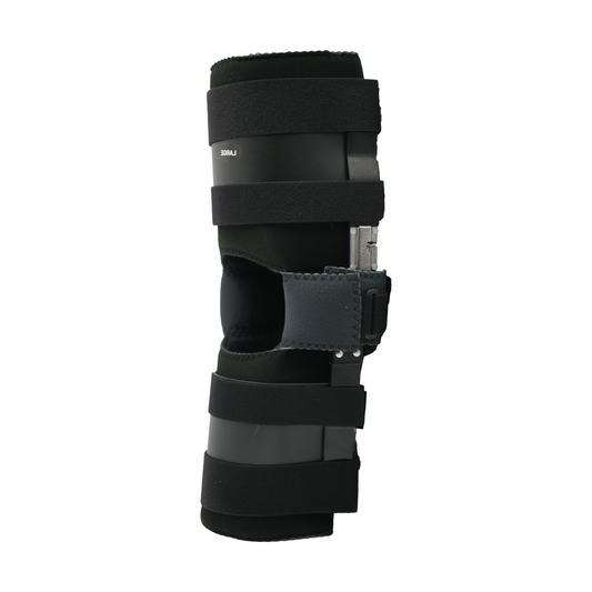 Black adjustable ratchet post-operative knee brace with padded straps and metal hinge, lightweight support, made in the USA, .