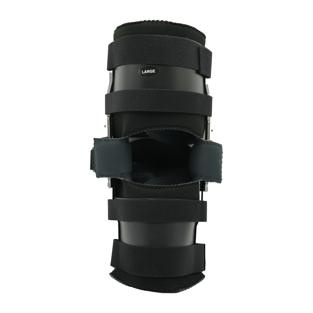 Black adjustable ratchet post-operative knee brace with sturdy straps and hinge supports, made in the USA, best orthopedic.