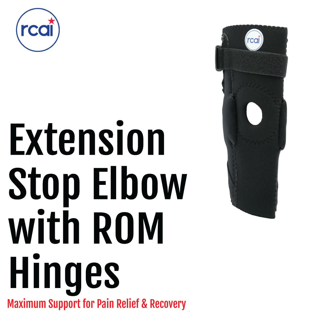 Black Extension Stop Elbow brace with adjustable ROM hinges, ventilation hole, made in the USA, branded RCAI for best.