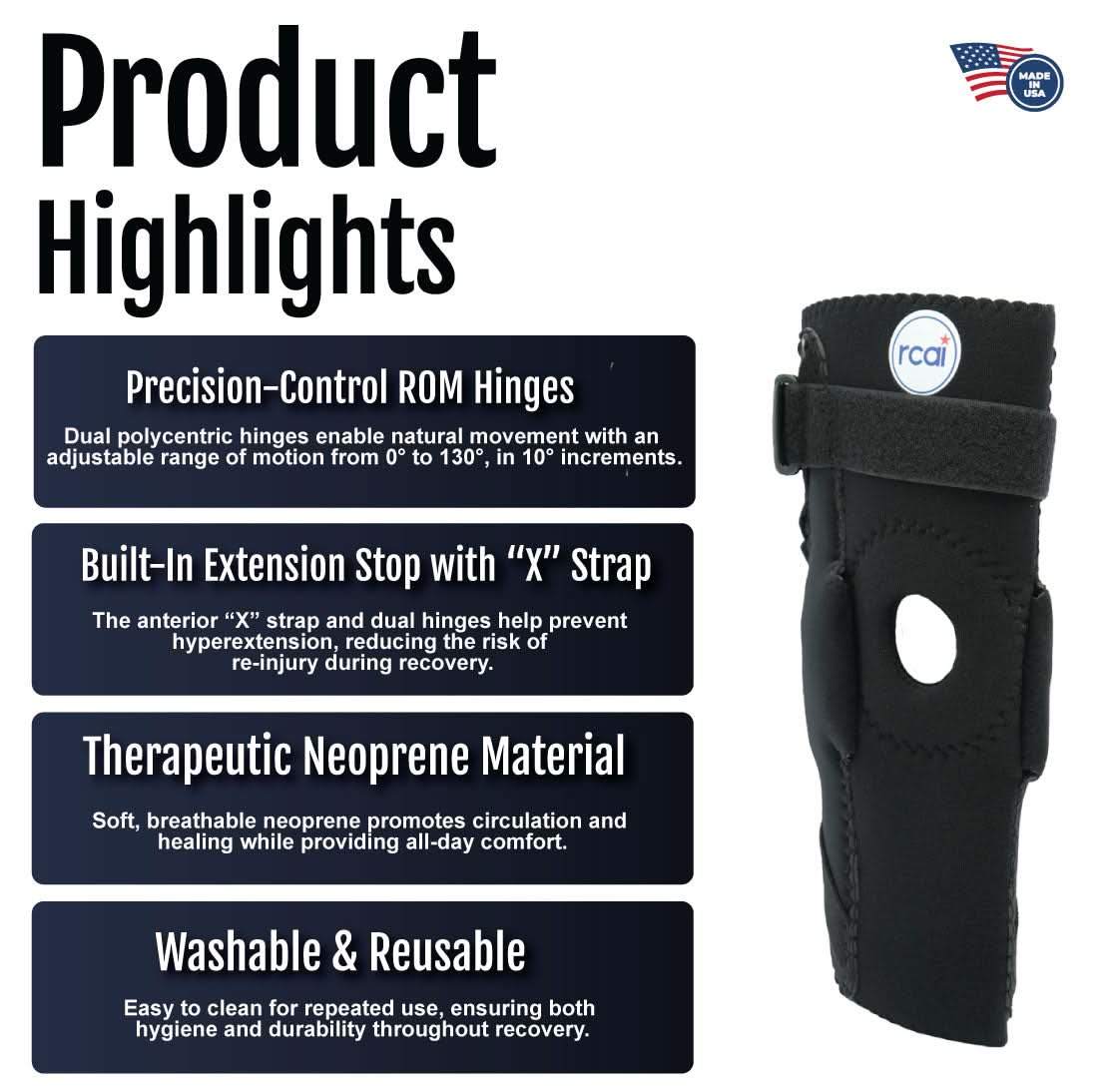 Orthopedic Extension Stop Elbow brace with black neoprene, dual polycentric ROM hinges, adjustable "X" strap, made in the.
