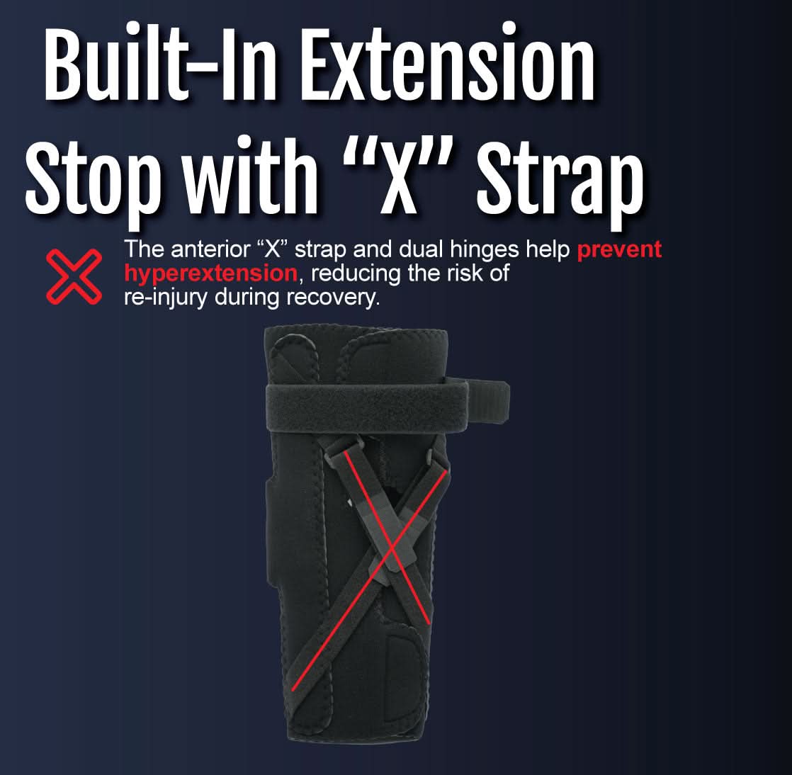 Black orthopedic extension stop elbow brace with built-in "X" strap and dual ROM hinges, made in the USA, RCAl design for.