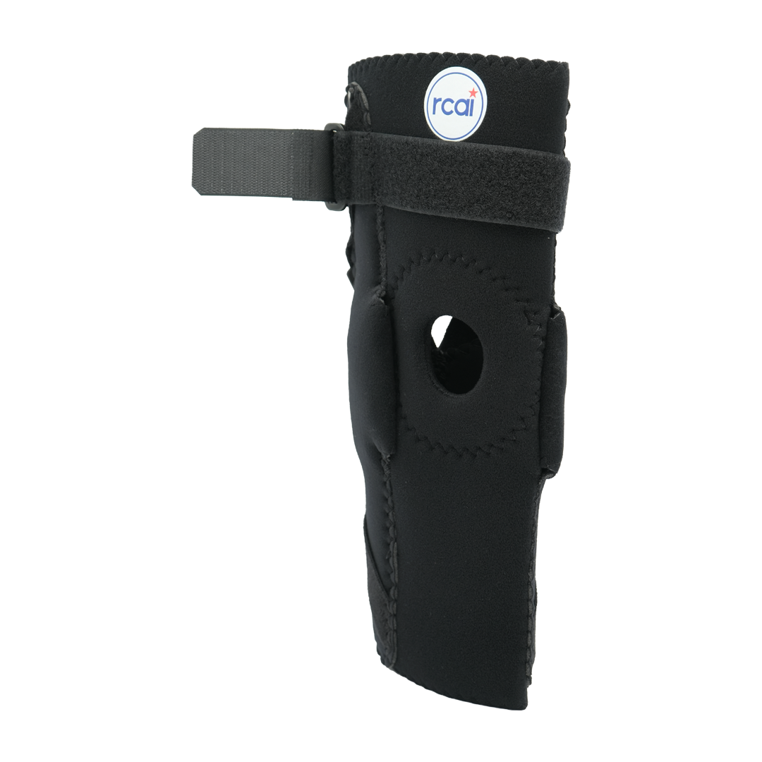 Black extension stop elbow brace with adjustable Velcro straps, circular cutout at the elbow hinge, soft padded material,.
