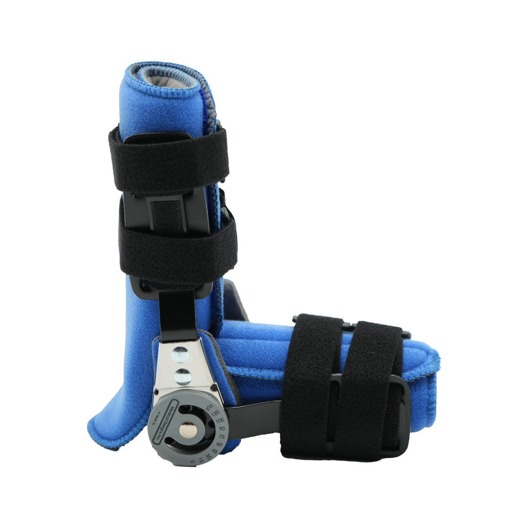 Blue Comprehensive Basic Arm Brace with black adjustable straps and metal hinge, made in the USA, best orthopedic brace for.