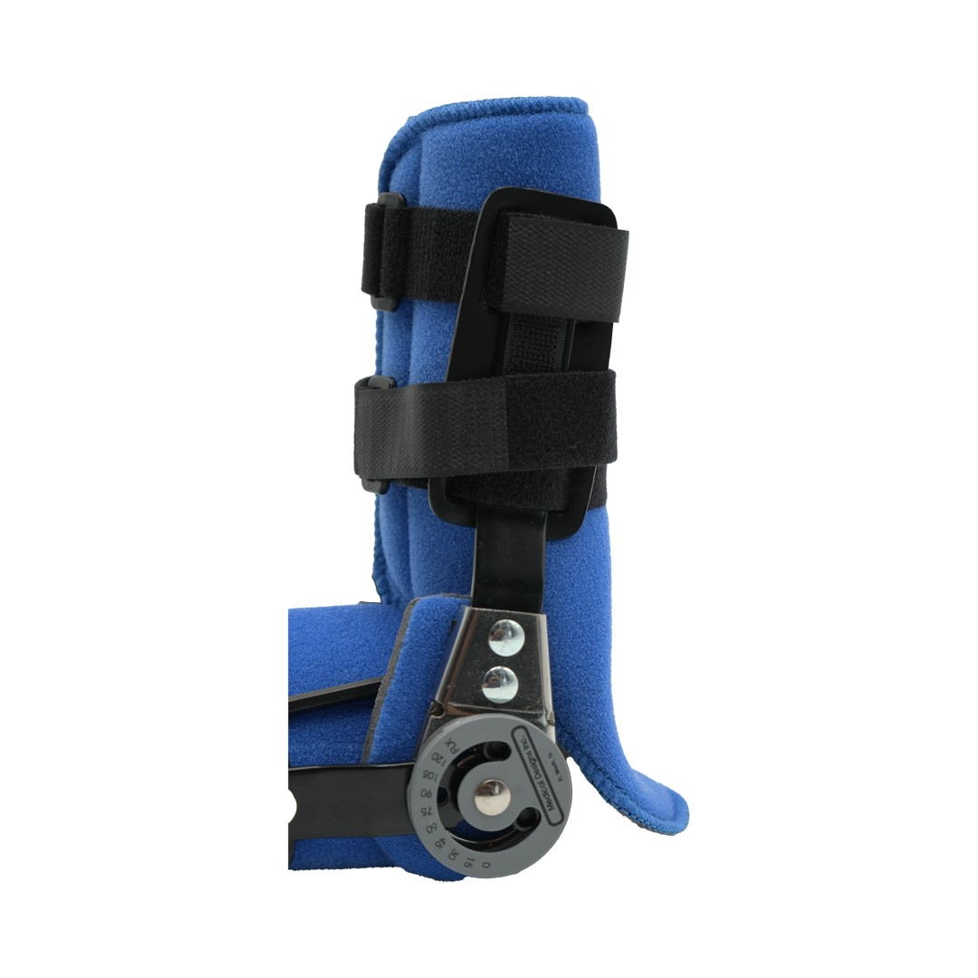 Blue Comprehensive Basic Arm Brace with black adjustable straps and metal hinge, made in the USA, best orthopedic braces for .