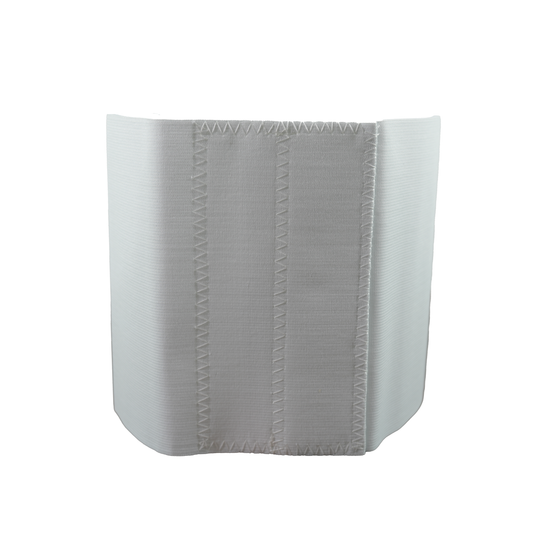 White RCAI abdominal binder with wide elastic stretch panels and vertical stitching, made in the USA, best orthopedic braces .
