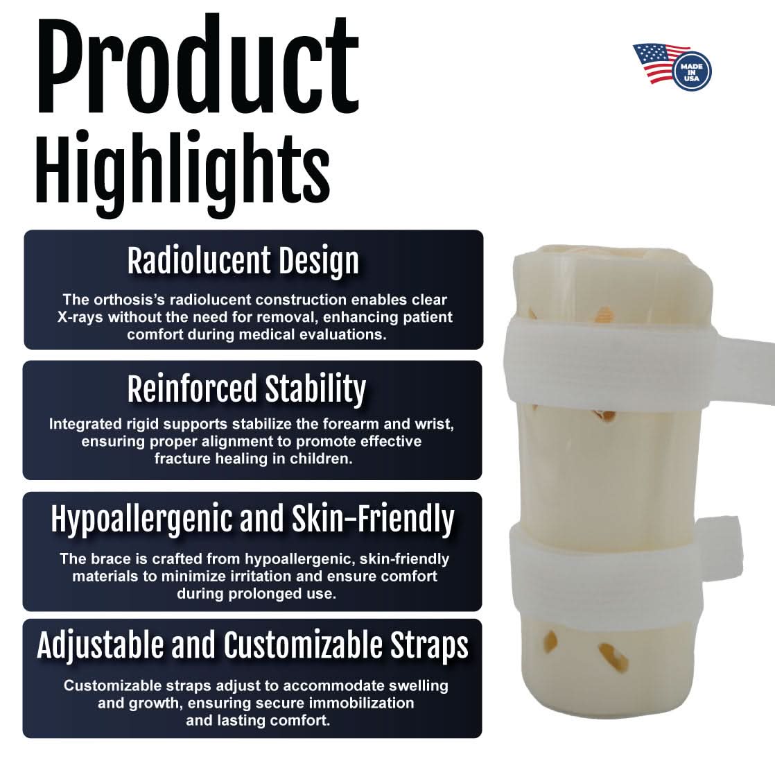 Pediatric forearm fracture orthosis with radiolucent design, reinforced stability straps, hypoallergenic foam padding,.