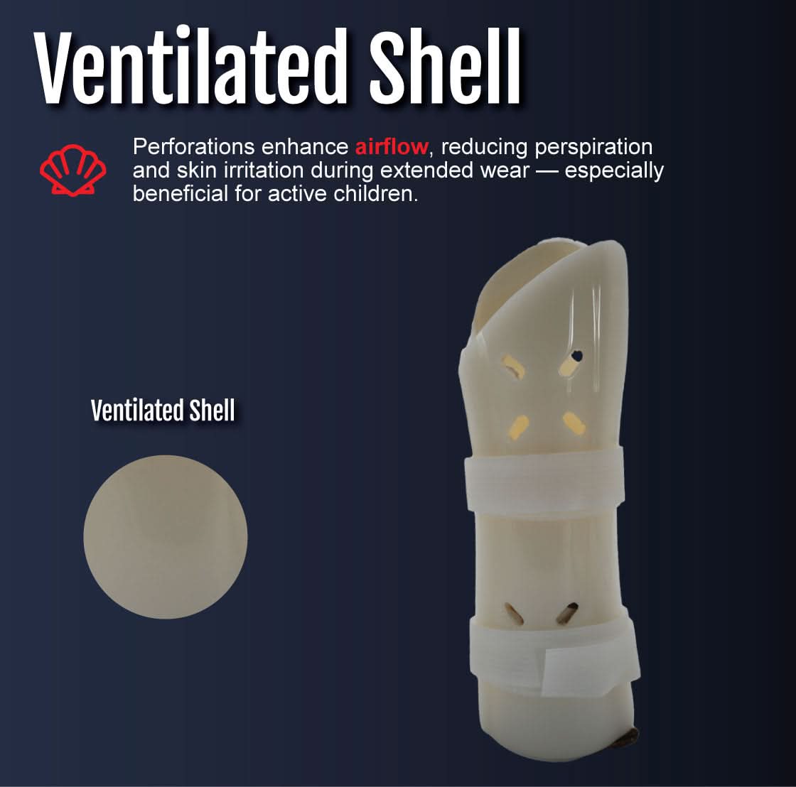 Beige pediatric wrist brace with ventilated shell, perforated for airflow and skin comfort, made in the USA by RCAI, top b2b .