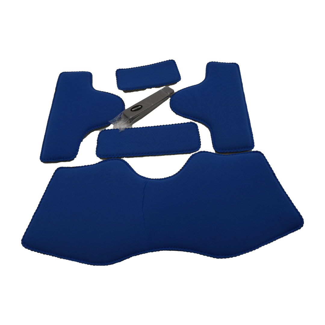 Blue padded hip abduction orthosis bilateral accessory kit with multiple contoured cushions and a gray adjustable strap,.